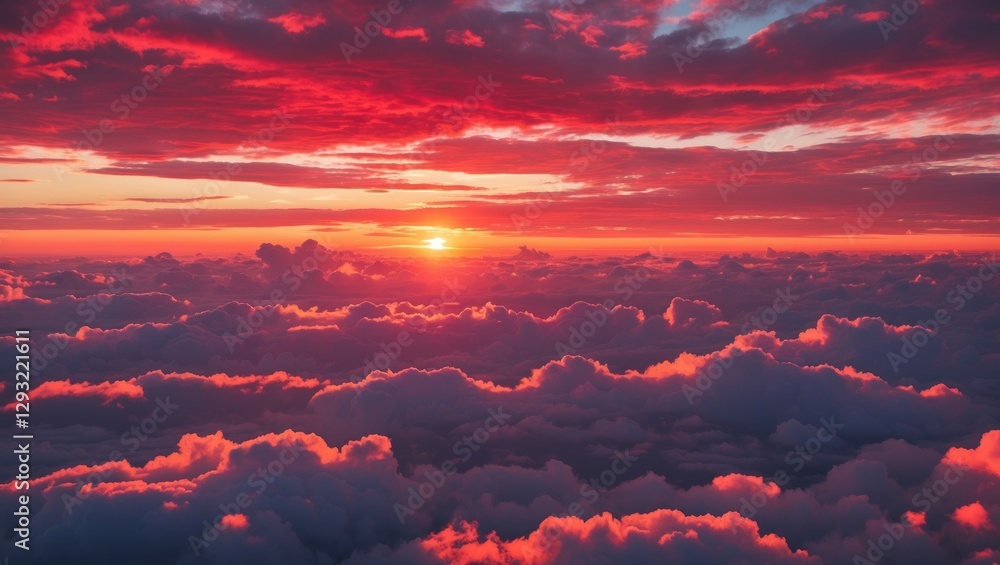 Naklejka premium Vibrant Sunset Over Fluffy Clouds with Red Sky and Soft Lighting Captured from Airplane Window High Above the Horizon