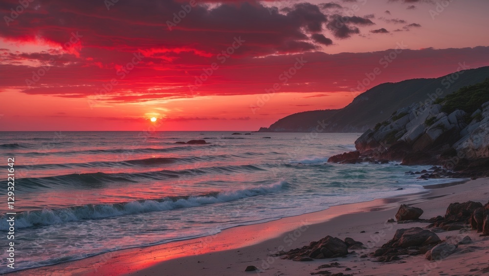 Obraz premium Vibrant sunset over a tranquil beach with waves and rocky shore, showcasing a dramatic red sky and empty space for text.