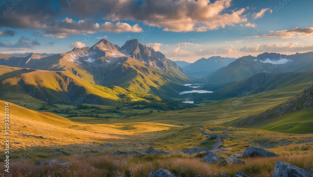 Breathtaking Mountain Scenery with Lush Valleys and Vibrant Sky at Sunset in a Natural Landscape Setting Breathtaking Mountain Scenery with Lush Valleys and Vibrant Sky at Sunset in a Natural Landscape Setting