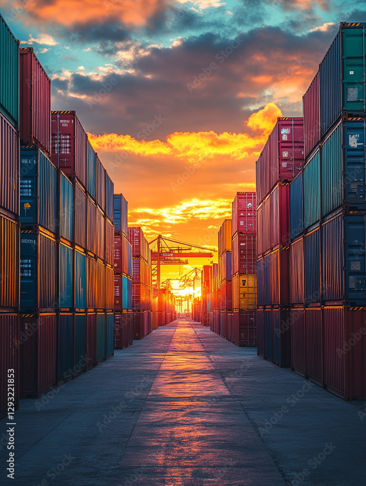Fototapeta premium Sunset illuminating a shipping container yard