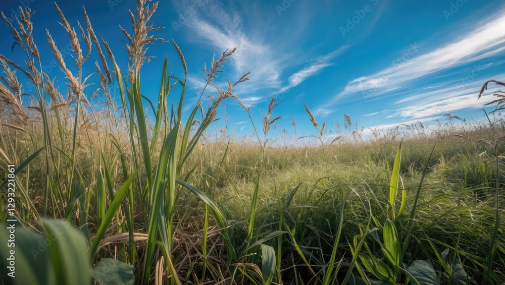 Fototapeta premium Lush Wild Grass Against a Clear Blue Sky Captured on a Summer Day in Nature's Scenic Landscape