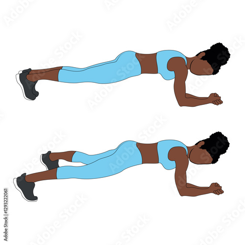 A Black African woman in blue clothing doing plank jacks exercise for abs. Flat vector illustration isolated on white background