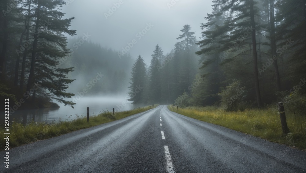 Foggy Road Leading to Serene Lake Surrounded by Lush Green Forests Ideal for Text Overlay or Travel Content Foggy Road Leading to Serene Lake Surrounded by Lush Green Forests Ideal for Text Overlay or Travel Content