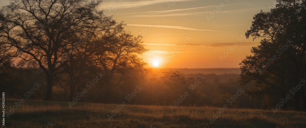 Obraz premium Serene Sunset Over Trees With Warm Glow And Expansive Sky Creating Calming Atmosphere For Inspirational Text And Design Use