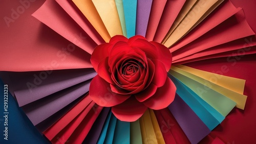 Vibrant multicolored paper background with a decorative red flower as the focal point, ideal for creative and artistic design projects.