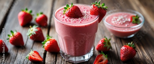 Refreshing Strawberry Smoothie in a Glass with Fresh Strawberries on Rustic Wooden Table and Blank Space for Custom Text
