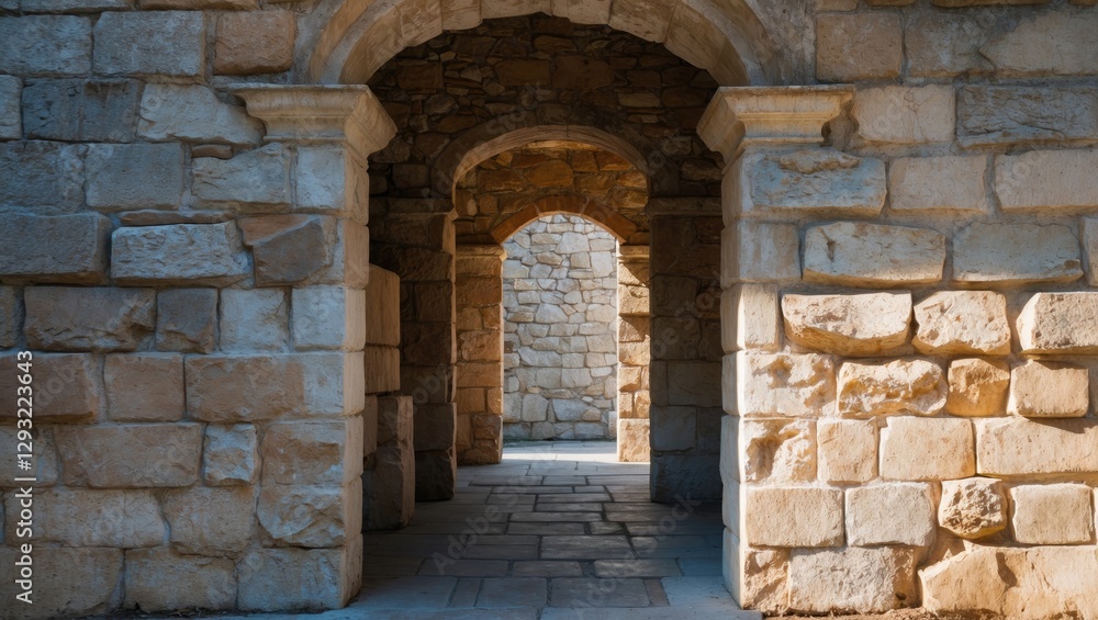 Obraz premium Architectural stone archways leading to a serene passageway showcasing intricate textures and shadows in natural light.