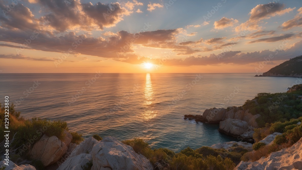 Obraz premium Tranquil Coastal Sunset Reflecting on Calm Waters Surrounded by Lush Vegetation and Rocks against a Colorful Sky with Gentle Clouds.