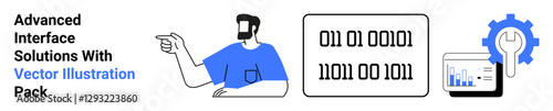 Man gesturing toward digital binary code, settings gear, and analytics graph. Ideal for coding, tech solutions, data management, programming, analytics, software tools flat landing page banner