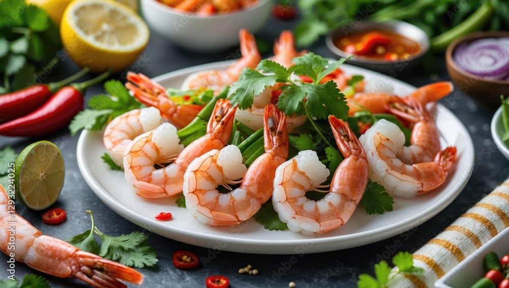 Gourmet Shrimp Salad with Fresh Herbs and Spicy Chili Sauce on a White Plate Garnished with Lemon and Lime Slices Gourmet Shrimp Salad with Fresh Herbs and Spicy Chili Sauce on a White Plate Garnished with Lemon and Lime Slices