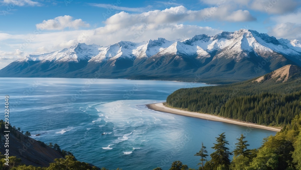 Naklejka premium Breathtaking coastal landscape featuring snow-capped mountains, serene ocean waves, lush forests, and space for text or captions.