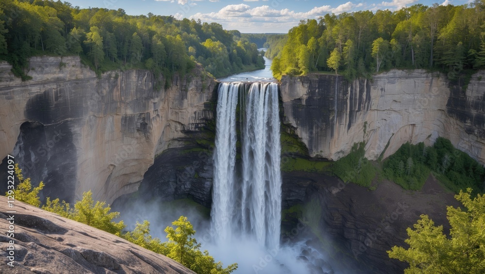 Fototapeta premium Majestic Waterfall Cascading Over Cliff Surrounded by Lush Green Forest in Summer Nature Landscape
