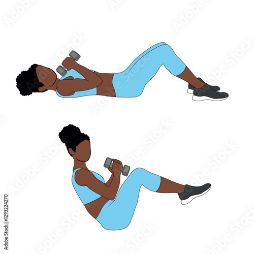 A Black African woman in blue clothing doing sit ups with dumbbells exercise for abs. Flat vector illustration isolated on white background