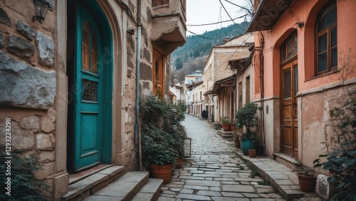 Charming alleyway in old Tbilisi featuring vibrant doors and stone pathways ideal for postcards and travel advertisements.
