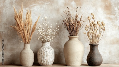 Obraz na płótnie Rustic Dried Flower Arrangement in Vases - A Warm and Cozy Home Decor w salonie