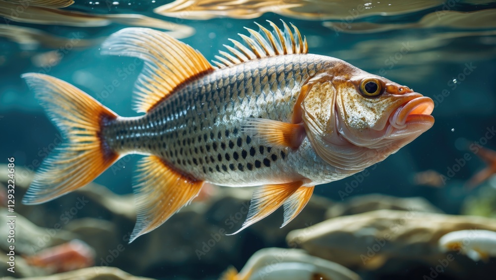 Fototapeta premium Vibrant underwater scene featuring a tilapia fish displaying its detailed scales and fins in a natural aquatic environment.
