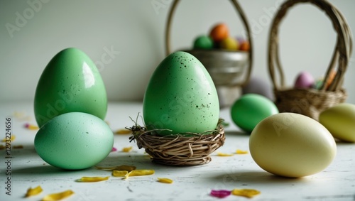 Colorful Easter eggs in decorative baskets on a rustic white table ideal for festive celebrations and springtime festivities.