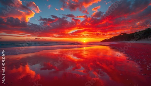 Vibrant sunset over red sand beach reflecting orange and red hues at Vesteys Beach in Darwin, Northern Territory, Australia, Oceania.