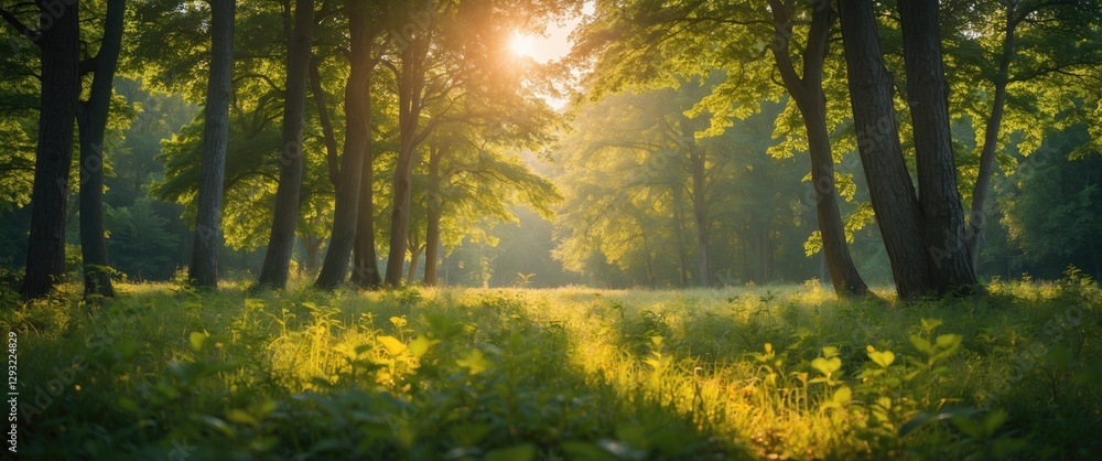 Fototapeta premium Serene Summer Forest Scene with Sunlight Filtering Through Trees and Abundant Greenery Ideal for Text Overlay