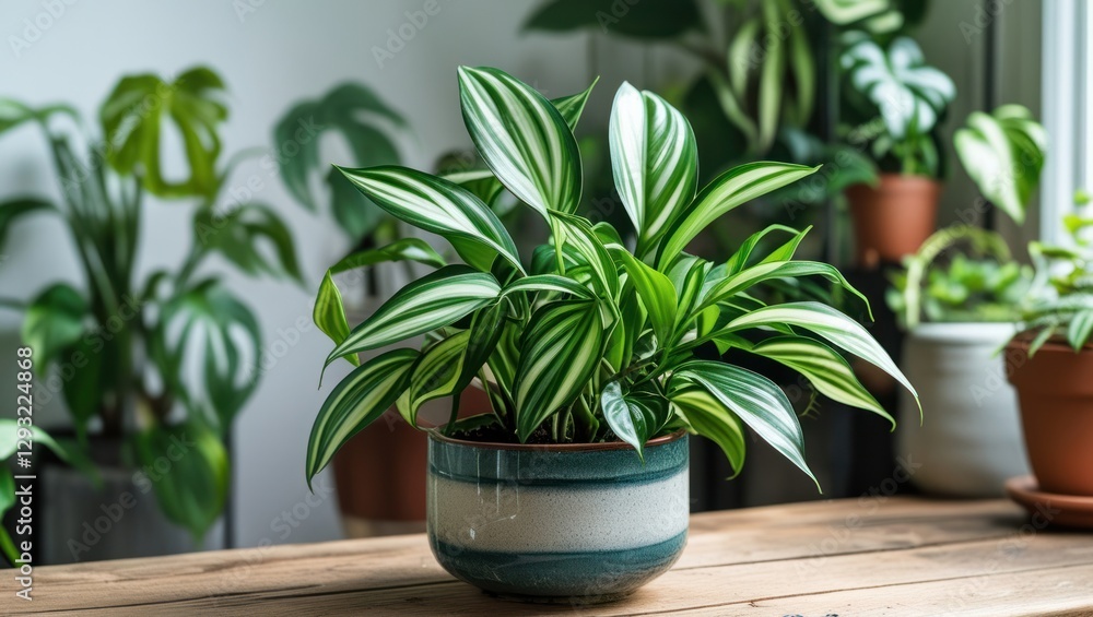 Obraz premium Tradescantia nanuk indoor plant lush greenery easy care houseplant in decorative pot on wooden table with sunlight and background plants