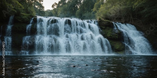 Majestic waterfall cascading into serene waters with lush greenery and ample empty space for text or design elements.