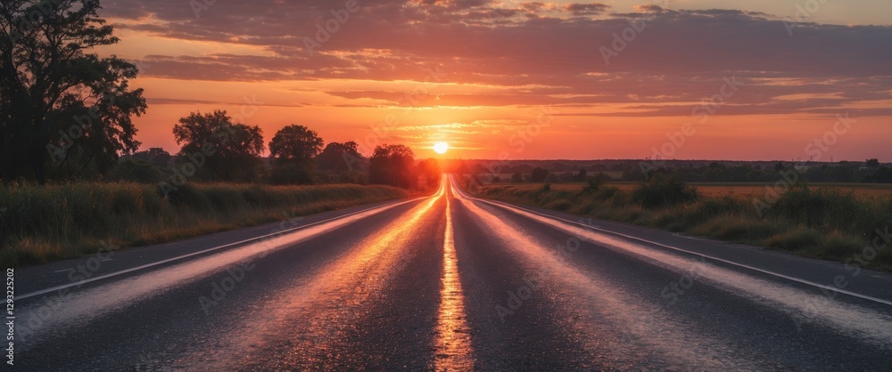 Naklejka premium Scenic Sunset Over Open Road With Tranquil Landscape and Clear Sky Ideal For Inspirational Text or Travel Themes