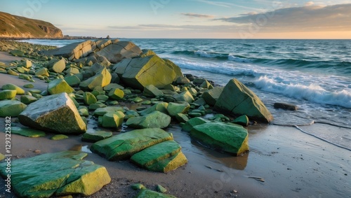 Vibrant Green Rocks on Sandy Beach with Ocean Waves and Beautiful Sky at Sunset