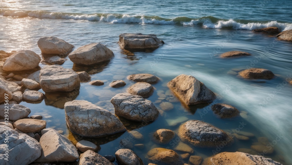 Obraz premium Serene shoreline with smooth rocks submerged in clear water reflecting soft sunlight and gentle waves lapping at the shore.