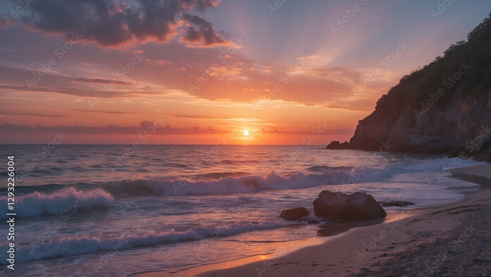 Tranquil Summer Sunset Over Coastal Waves with Rocky Shoreline and Colorful Skies Perfect for Nature and Travel Themes Tranquil Summer Sunset Over Coastal Waves with Rocky Shoreline and Colorful Skies Perfect for Nature and Travel Themes