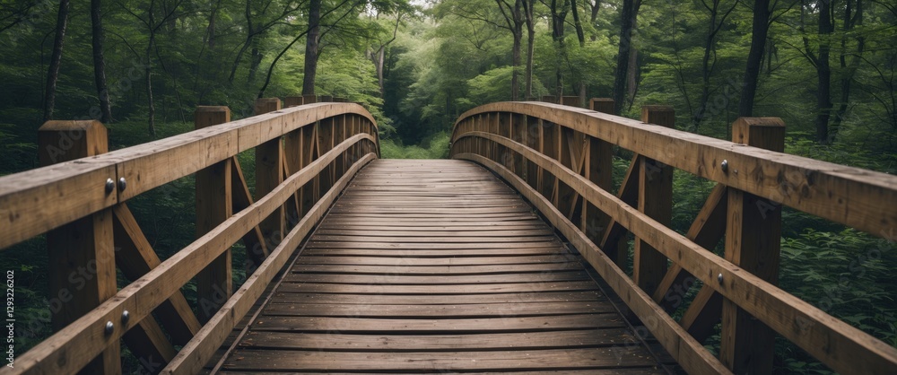 Wooden Bridge Surrounded By Lush Green Forest With Space For Text Overlay Wooden Bridge Surrounded By Lush Green Forest With Space For Text Overlay