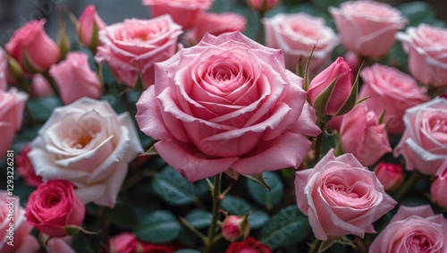 Beautiful assortment of pink roses in a garden setting perfect for Valentine's Day celebrations in Madrid Spain. Ideal for floral themes.