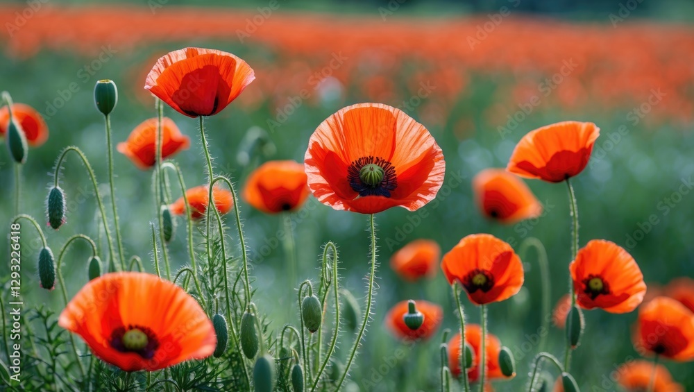 Obraz premium Vibrant red poppies in a summer field showcasing nature's beauty with vivid colors against a serene green background.