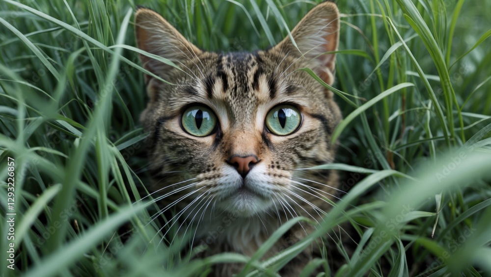 Cat peering through tall grass with striking green eyes capturing a moment of curiosity and wildlife beauty in a natural setting Cat peering through tall grass with striking green eyes capturing a moment of curiosity and wildlife beauty in a natural setting