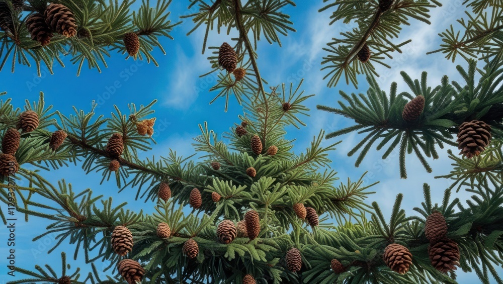 Coniferous tree branches adorned with pine cones against a vibrant blue sky showcasing nature's beauty and tranquility. Coniferous tree branches adorned with pine cones against a vibrant blue sky showcasing nature's beauty and tranquility.