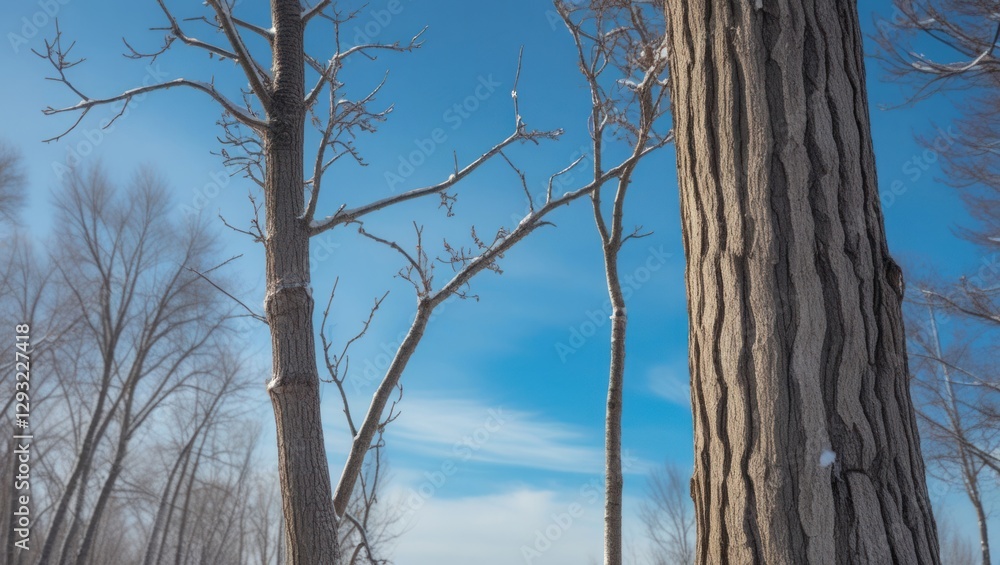 Winter tree trunk against a clear blue sky showcasing intricate bark texture and bare branches in a serene landscape. Winter tree trunk against a clear blue sky showcasing intricate bark texture and bare branches in a serene landscape.