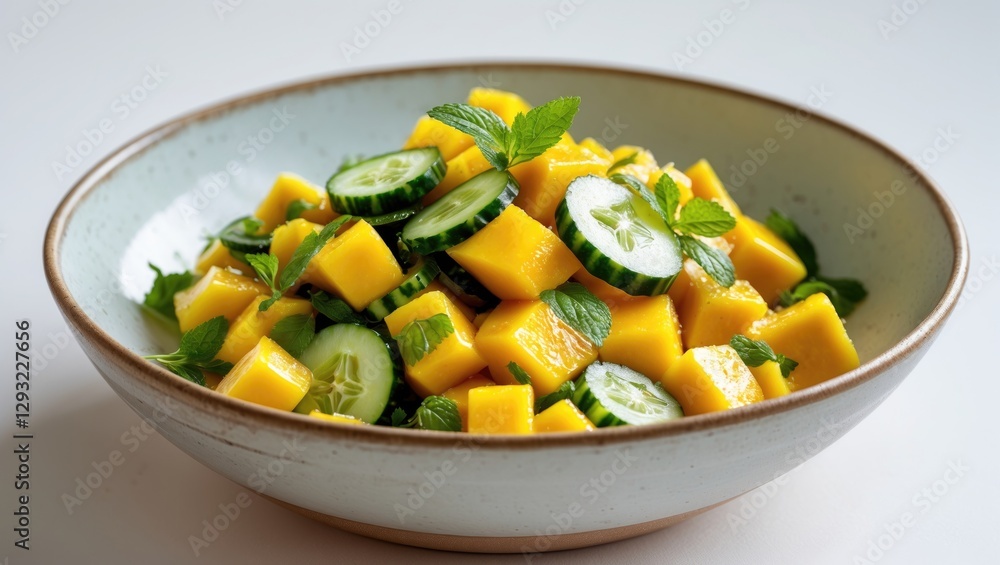 Vibrant Mango Cucumber Salad in Bowl with Fresh Mint Leaves and Blank Space for Custom Text Vibrant Mango Cucumber Salad in Bowl with Fresh Mint Leaves and Blank Space for Custom Text