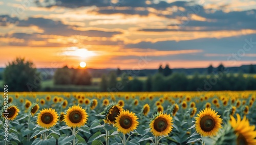 Wallpaper Mural Vibrant Sunflower Field at Sunset with Soft Focus and Space for Text Overlay Torontodigital.ca