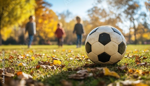 A soccer ball and children playing in a sunny park