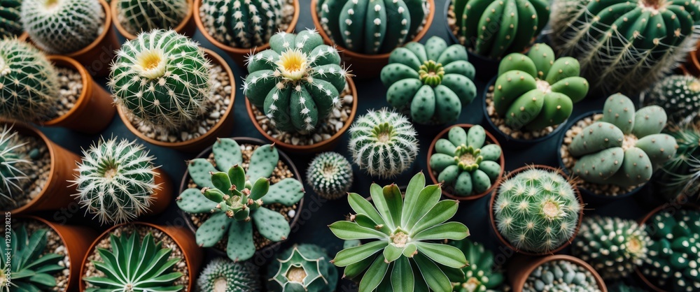 Aerial View of Diverse Cacti Varieties in Terracotta Pots on a Dark Surface Aerial View of Diverse Cacti Varieties in Terracotta Pots on a Dark Surface