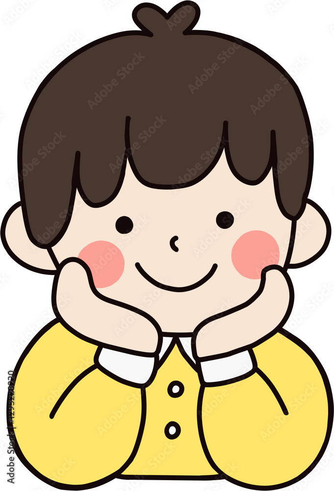 kindergarten boy in a neat school uniform, resting his chin on his hands with a curious and innocent expression. Great for educational, school, and learning-related designs. kindergarten boy in a neat school uniform, resting his chin on his hands with a curious and innocent expression. Great for educational, school, and learning-related designs.