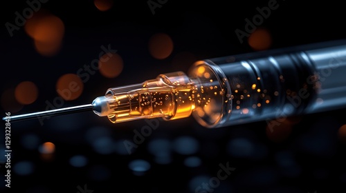 Close-up medical syringe injection dark background photo