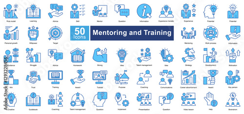 Mentoring and Training icon set in Blue Color style, representing learning, coaching, leadership, and career growth. Perfect for education, corporate training, and professional development.