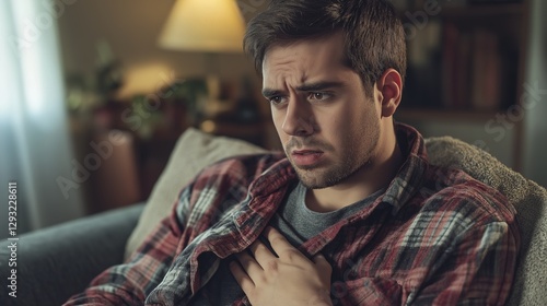 Young man with chest pain, holding his hand on the heart area while sitting on a home sofa in the living room. Closeup photo of a male feeling sick and having a medical health issue