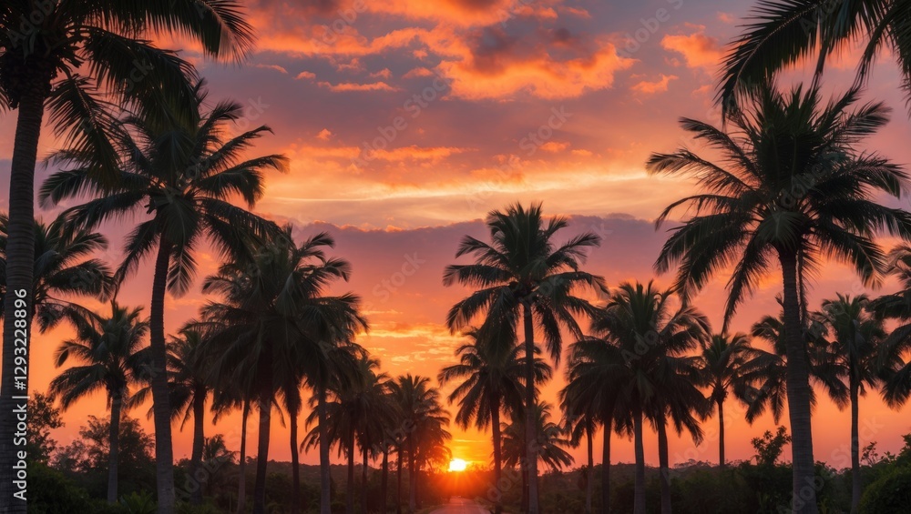 Obraz premium Vibrant Sunset Illuminates Palm Trees with Rich Colors and Dramatic Sky in Tropical Landscape Scene