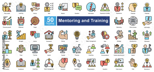 Mentoring and Training icon set in 
Flat Line style, representing learning, coaching, leadership, and career growth. Perfect for education, corporate training, and professional development.