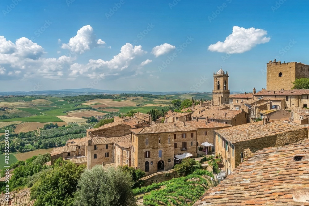 Fototapeta premium Montalcino Village View: Tuscany Countryside Landscape with Vineyards and Wine Harvest in Italy
