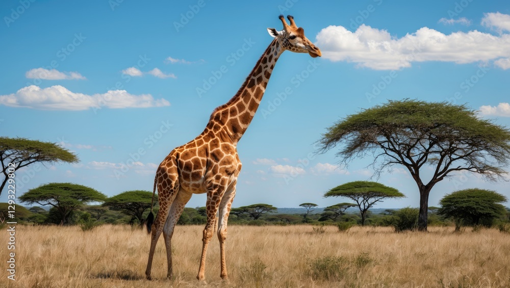 Majestic Giraffe Stands Gracefully Against a Bright Blue Sky in a Serene African Savanna Landscape Majestic Giraffe Stands Gracefully Against a Bright Blue Sky in a Serene African Savanna Landscape
