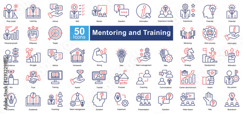 Mentoring and Training icon set in Dual Tone style, representing learning, coaching, leadership, and career growth. Perfect for education, corporate training, and professional development.