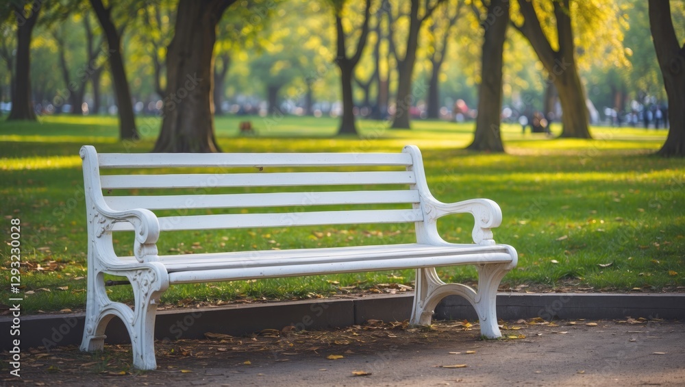White Park Bench Surrounded By Lush Greenery In A Serene Park Setting Ideal For Relaxation And Nature Appreciation White Park Bench Surrounded By Lush Greenery In A Serene Park Setting Ideal For Relaxation And Nature Appreciation