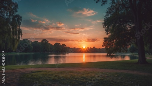 Fototapeta Naklejka Na Ścianę i Meble -  Scenic vintage view of a tranquil lake at sunset with reflections and lush greenery in a serene park environment.